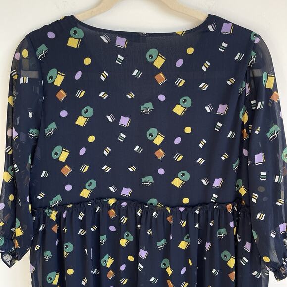 Jian Ruyi 2XL Blue Printed Semi Sheer Tiered Midi Dress Sheer Puff Sleeves - Picture 7 of 11